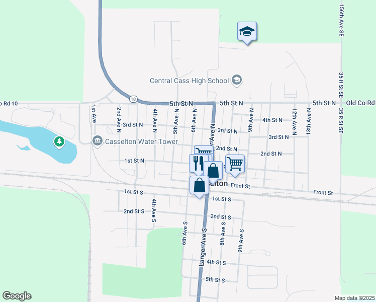 map of restaurants, bars, coffee shops, grocery stores, and more near 112 6th Avenue North in Casselton