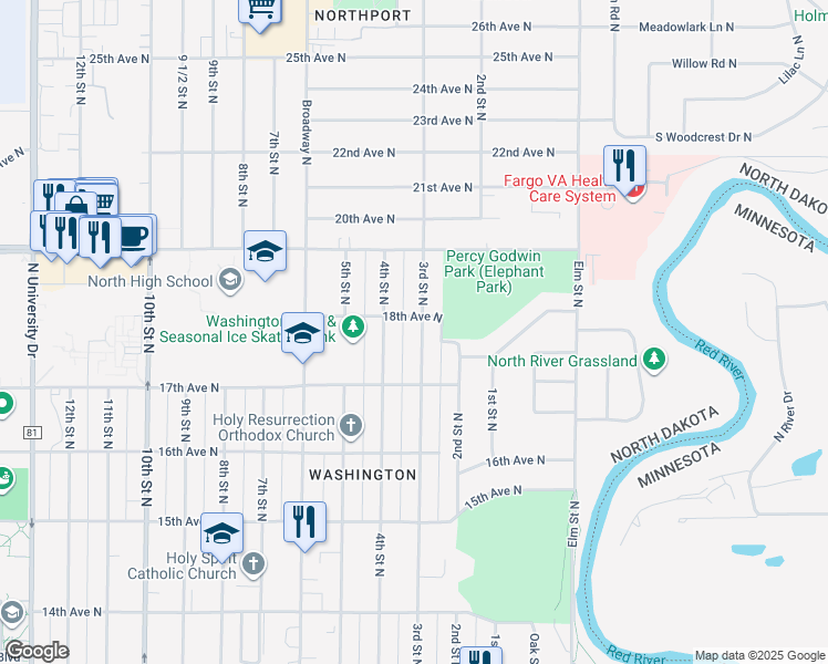 map of restaurants, bars, coffee shops, grocery stores, and more near 1736 3rd Street North in Fargo