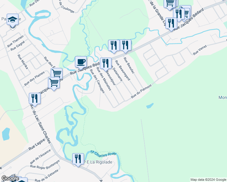 map of restaurants, bars, coffee shops, grocery stores, and more near 1085 Rue des Mainates in Québec