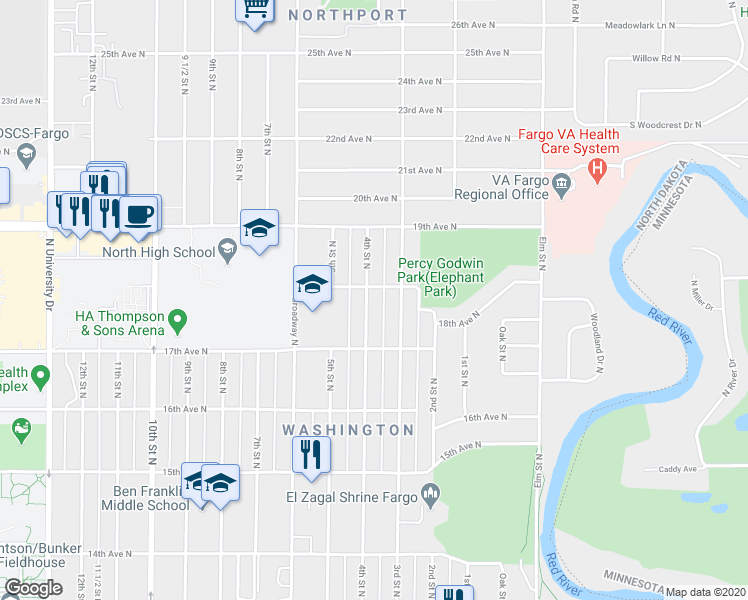 map of restaurants, bars, coffee shops, grocery stores, and more near 1737 4th Street North in Fargo
