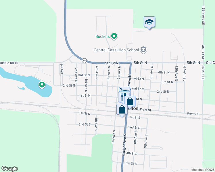 map of restaurants, bars, coffee shops, grocery stores, and more near 498 2nd Street North in Casselton