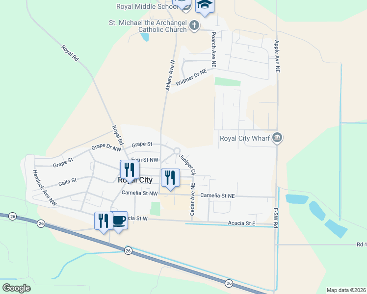 map of restaurants, bars, coffee shops, grocery stores, and more near 412 Juniper Circle in Royal City