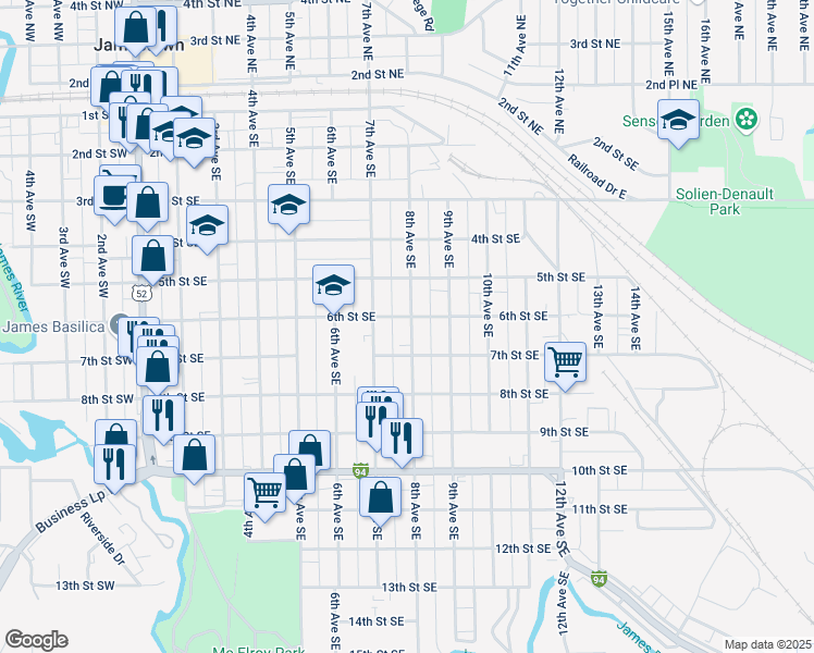 map of restaurants, bars, coffee shops, grocery stores, and more near 701-749 6th Street Southeast in Jamestown
