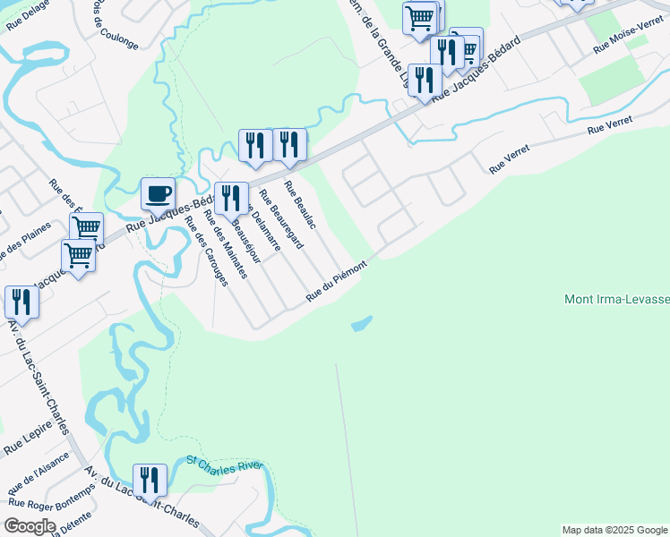 map of restaurants, bars, coffee shops, grocery stores, and more near 1186 Rue Beaulac in Ville de Québec
