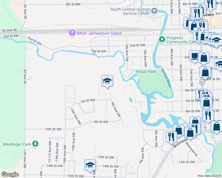map of restaurants, bars, coffee shops, grocery stores, and more near 501 9th Avenue Southwest in Jamestown