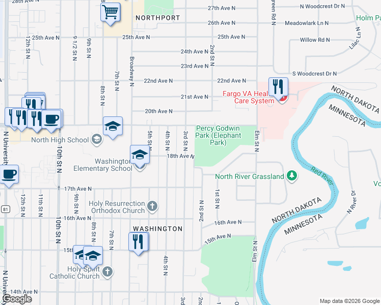 map of restaurants, bars, coffee shops, grocery stores, and more near 1810 3rd Street North in Fargo