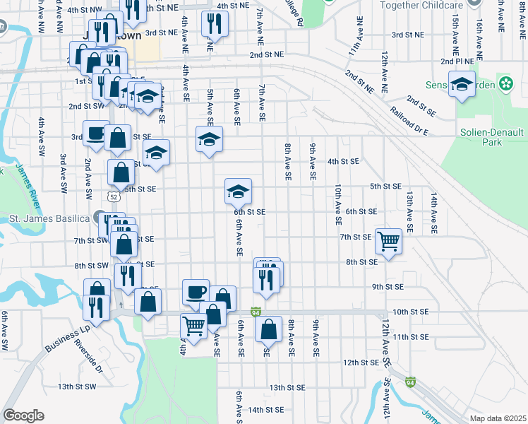 map of restaurants, bars, coffee shops, grocery stores, and more near 701 6th Street Southeast in Jamestown