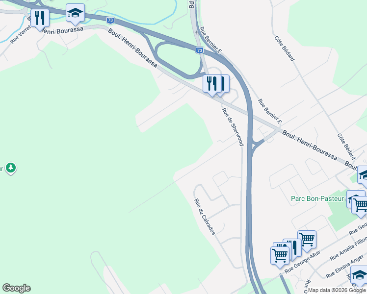 map of restaurants, bars, coffee shops, grocery stores, and more near Rue de Sherwood in Québec