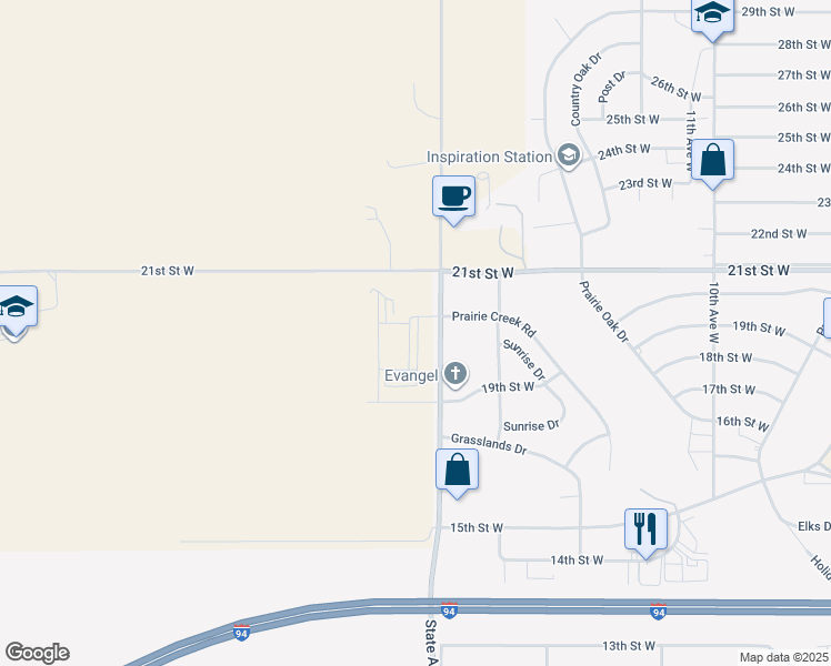 map of restaurants, bars, coffee shops, grocery stores, and more near 2001 Sierra Commons Road in Dickinson