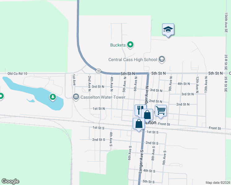 map of restaurants, bars, coffee shops, grocery stores, and more near 468-498 2nd Street North in Casselton
