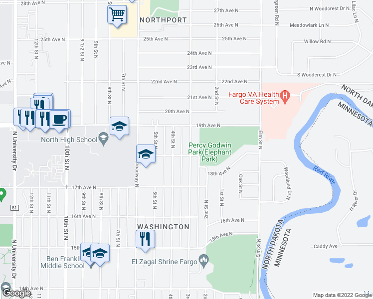 map of restaurants, bars, coffee shops, grocery stores, and more near 1810 3rd Street North in Fargo
