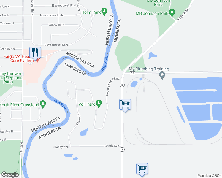 map of restaurants, bars, coffee shops, grocery stores, and more near 2622 Country Club Parkway in Moorhead
