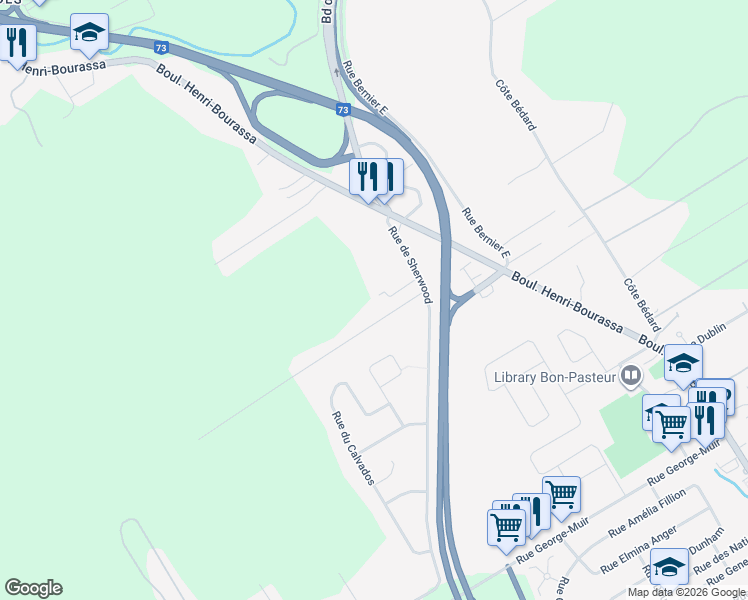 map of restaurants, bars, coffee shops, grocery stores, and more near 711 Rue de Sherwood in Ville de Québec