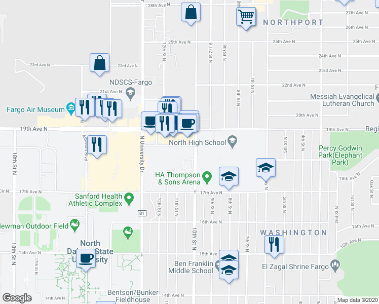 map of restaurants, bars, coffee shops, grocery stores, and more near 1828 10th Street North in Fargo