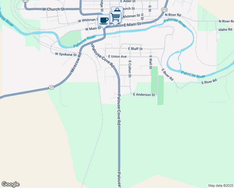 map of restaurants, bars, coffee shops, grocery stores, and more near Palouse Cove Rd in Palouse