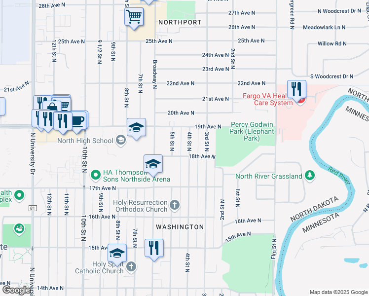 map of restaurants, bars, coffee shops, grocery stores, and more near 1810 4th St N in Fargo