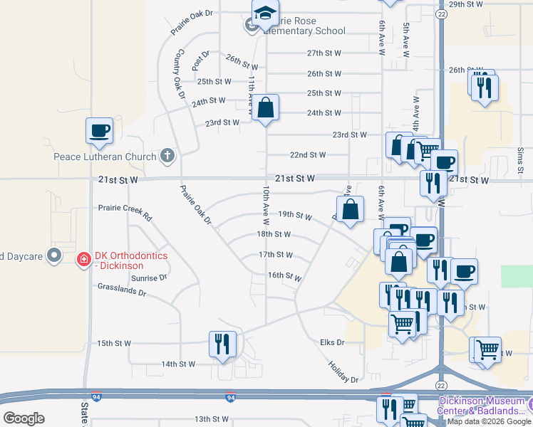 map of restaurants, bars, coffee shops, grocery stores, and more near 1001 19th Street West in Dickinson