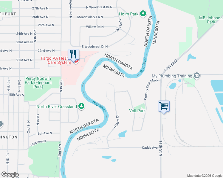 map of restaurants, bars, coffee shops, grocery stores, and more near 2701 North River Drive in Moorhead