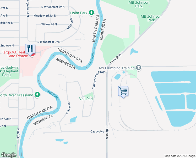 map of restaurants, bars, coffee shops, grocery stores, and more near 2622 Country Club Parkway in Moorhead