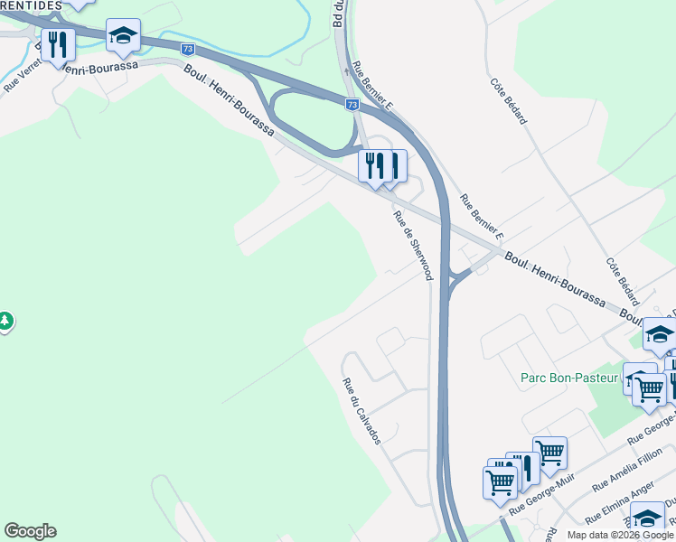 map of restaurants, bars, coffee shops, grocery stores, and more near Rue de Sherwood in Québec