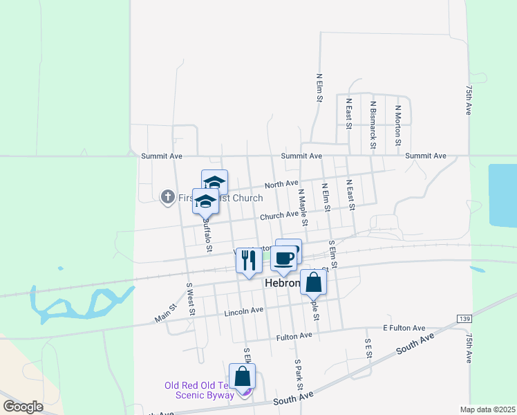 map of restaurants, bars, coffee shops, grocery stores, and more near 624 Church Avenue in Hebron