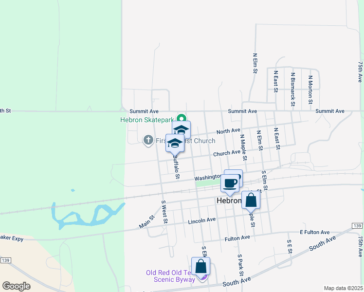 map of restaurants, bars, coffee shops, grocery stores, and more near 400 Church Avenue in Hebron