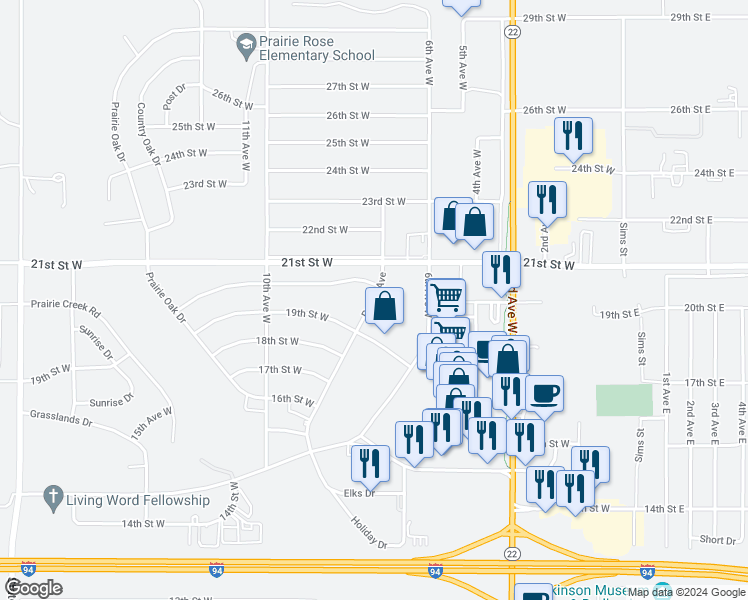 map of restaurants, bars, coffee shops, grocery stores, and more near 2016 Prairie Avenue in Dickinson