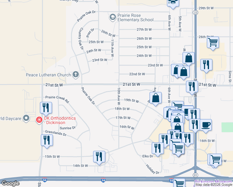 map of restaurants, bars, coffee shops, grocery stores, and more near 1001-1071 19th Street West in Dickinson