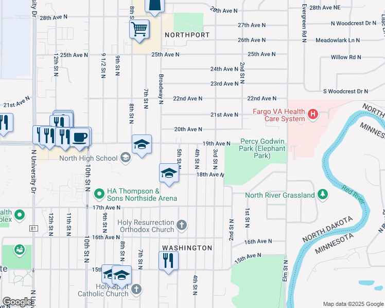 map of restaurants, bars, coffee shops, grocery stores, and more near 1810 4th Street North in Fargo