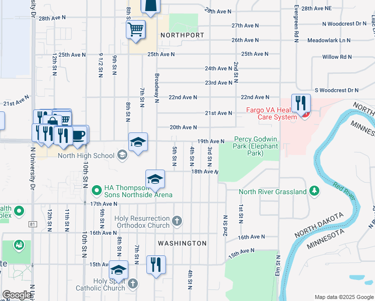 map of restaurants, bars, coffee shops, grocery stores, and more near 1810 4th Street North in Fargo