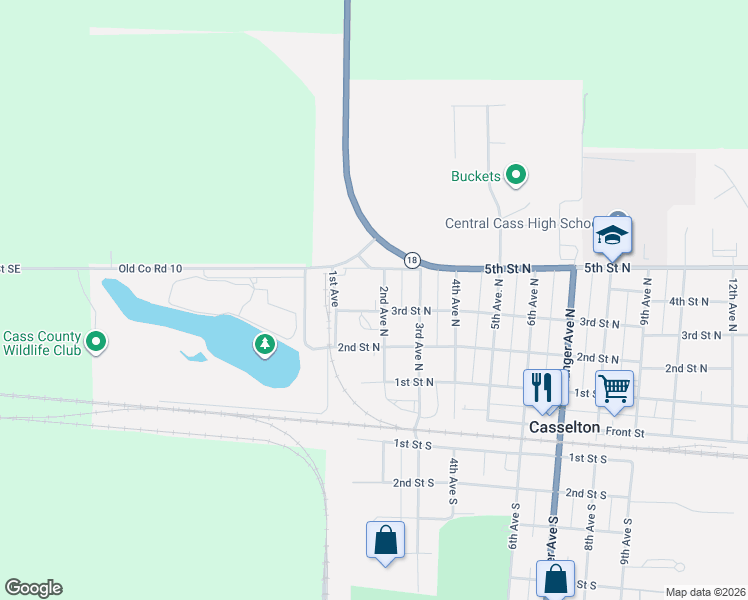 map of restaurants, bars, coffee shops, grocery stores, and more near 122-132 5th St N in Casselton