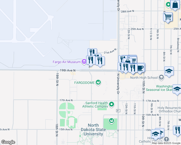 map of restaurants, bars, coffee shops, grocery stores, and more near 1515 19th Avenue North in Fargo