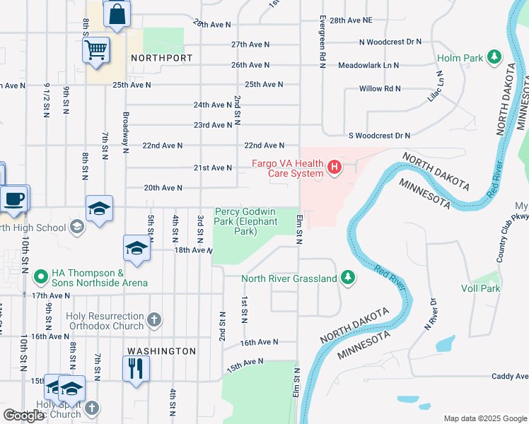 map of restaurants, bars, coffee shops, grocery stores, and more near 100 19th Avenue North in Fargo