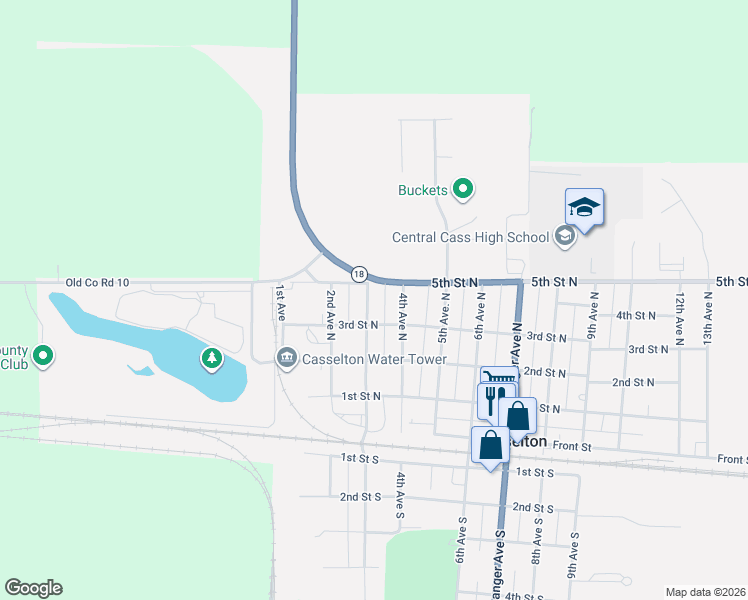 map of restaurants, bars, coffee shops, grocery stores, and more near 341 3rd Avenue North in Casselton