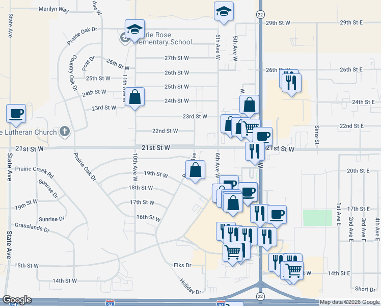 map of restaurants, bars, coffee shops, grocery stores, and more near 2068 Prairie Avenue in Dickinson