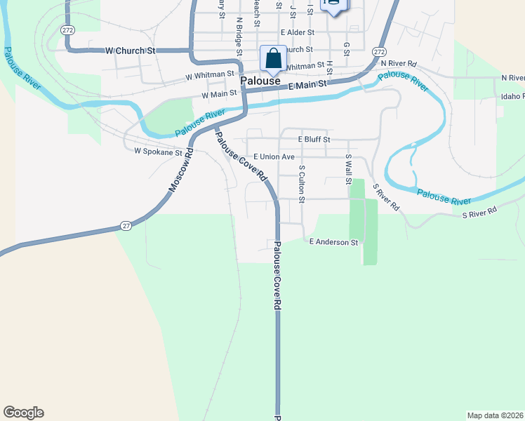 map of restaurants, bars, coffee shops, grocery stores, and more near West Park Street in Palouse