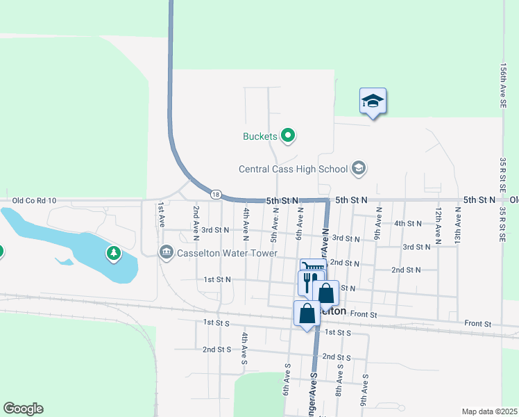 map of restaurants, bars, coffee shops, grocery stores, and more near 421 5th St N in Casselton