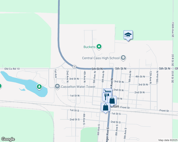 map of restaurants, bars, coffee shops, grocery stores, and more near 421 5th Street North in Casselton