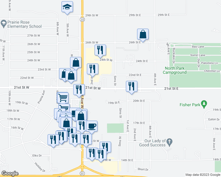 map of restaurants, bars, coffee shops, grocery stores, and more near 124 21st Street West in Dickinson