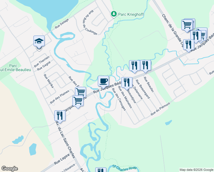 map of restaurants, bars, coffee shops, grocery stores, and more near 1360 Rue Jacques-Bédard in Québec