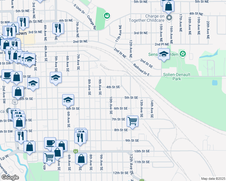 map of restaurants, bars, coffee shops, grocery stores, and more near 405 10th Avenue Southeast in Jamestown