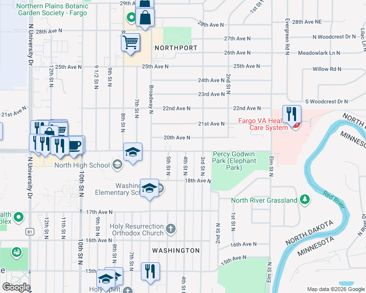 map of restaurants, bars, coffee shops, grocery stores, and more near 401 19th Avenue North in Fargo