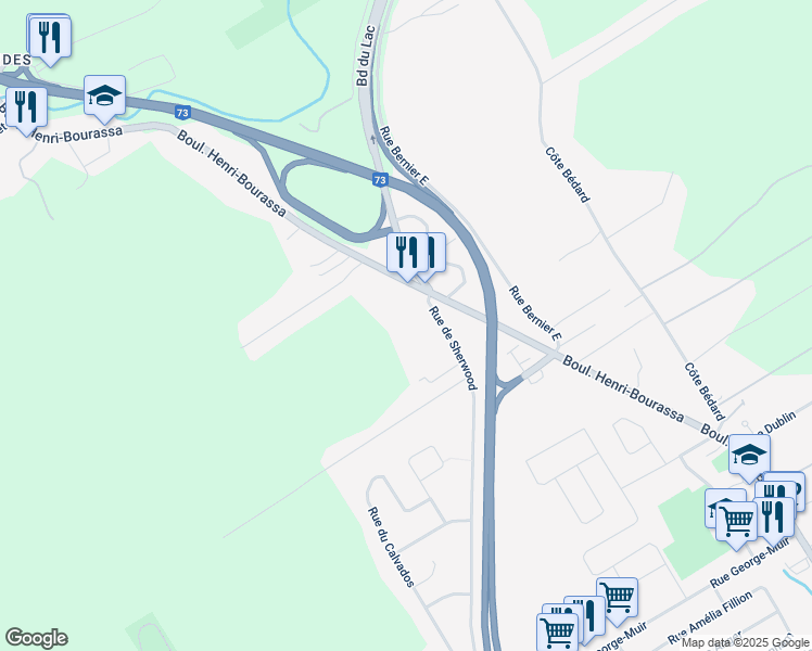 map of restaurants, bars, coffee shops, grocery stores, and more near 791 Rue de Sherwood in Ville de Québec