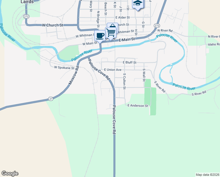 map of restaurants, bars, coffee shops, grocery stores, and more near West Park Street in Palouse
