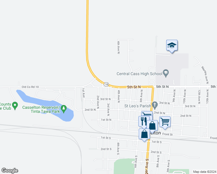 map of restaurants, bars, coffee shops, grocery stores, and more near 5th St N & 3rd Ave N in Casselton