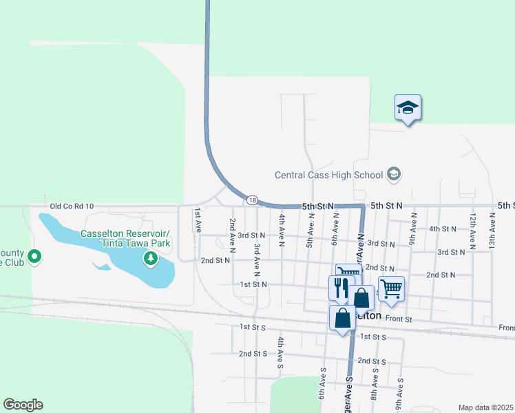 map of restaurants, bars, coffee shops, grocery stores, and more near 5th St N & 3rd Ave N in Casselton