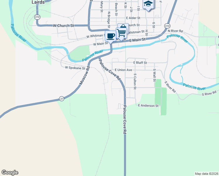 map of restaurants, bars, coffee shops, grocery stores, and more near 320 East Park Street in Palouse