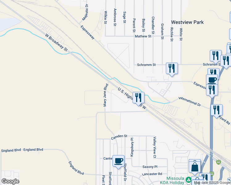 map of restaurants, bars, coffee shops, grocery stores, and more near 3779 West Broadway Street in Missoula