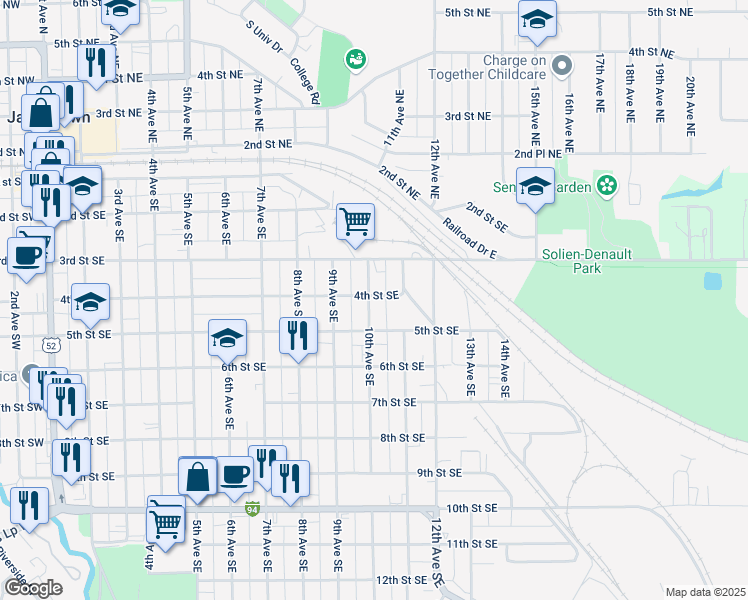 map of restaurants, bars, coffee shops, grocery stores, and more near 405 10th Avenue Southeast in Jamestown