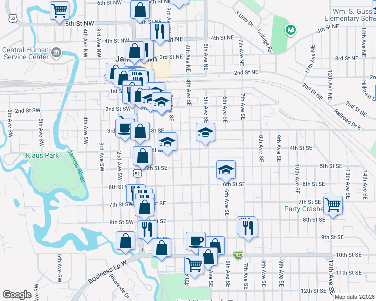 map of restaurants, bars, coffee shops, grocery stores, and more near 412 4th Avenue Southeast in Jamestown